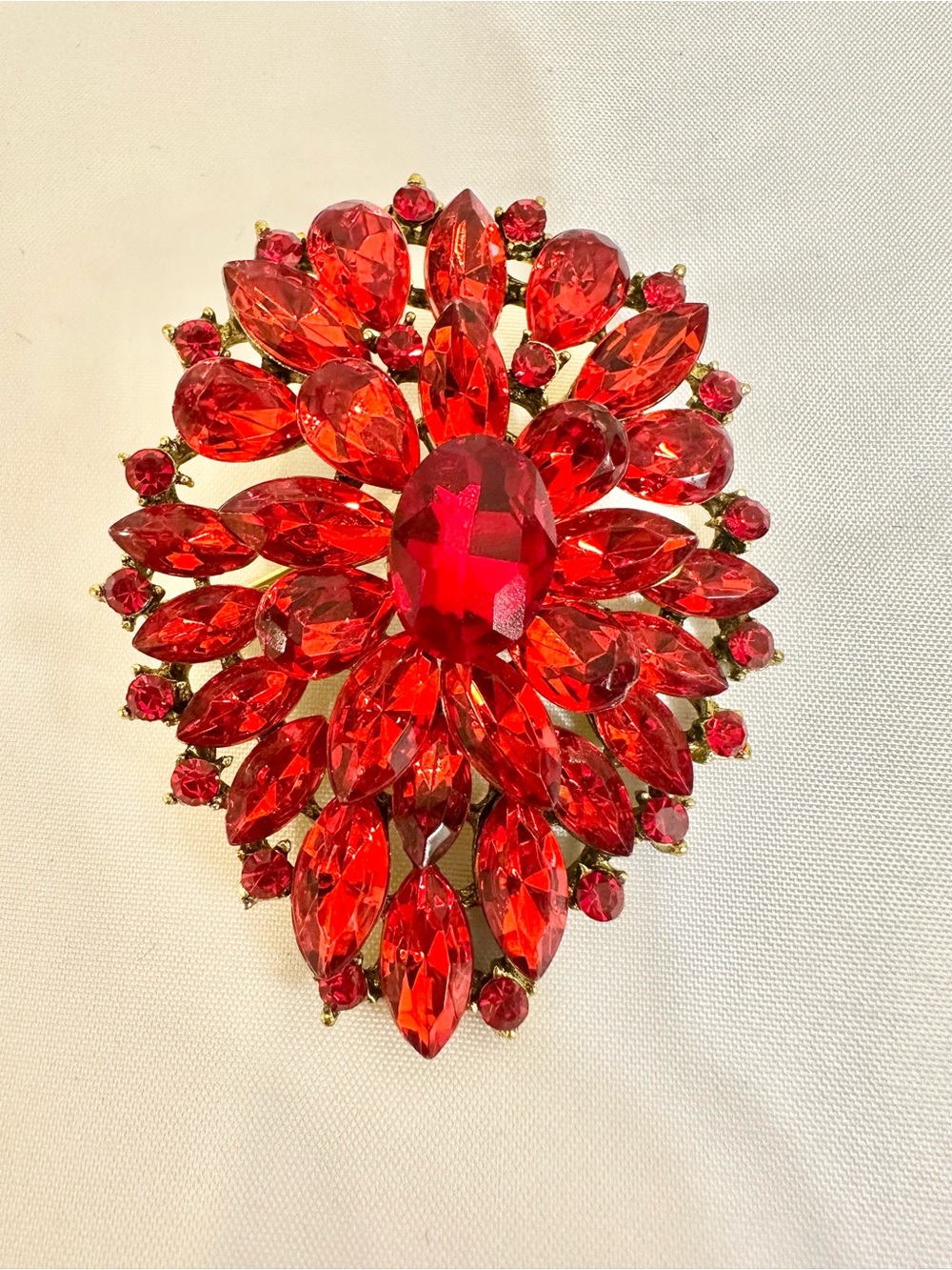Red Cabochon & Center Crystal Statement Brooch